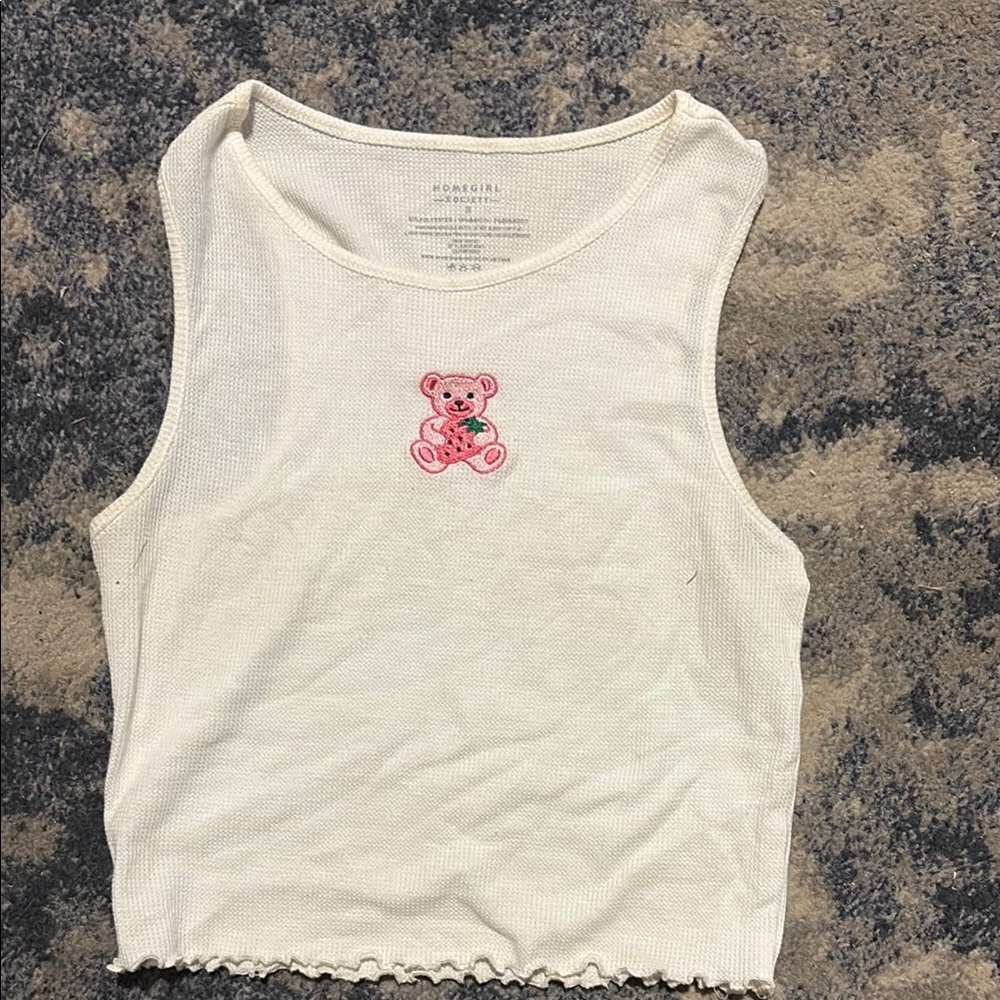 Cream Crop Top with Pink Bear